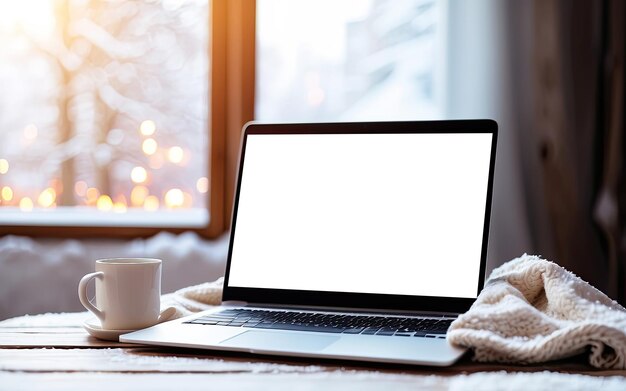 Laptop met een wit scherm mock-up in de winter binnen op de tafel met een gezellige deken bij het raam