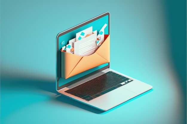 Laptop met envelop op schermconcept van het verzenden en ontvangen van e-mails blauwe achtergrond AI