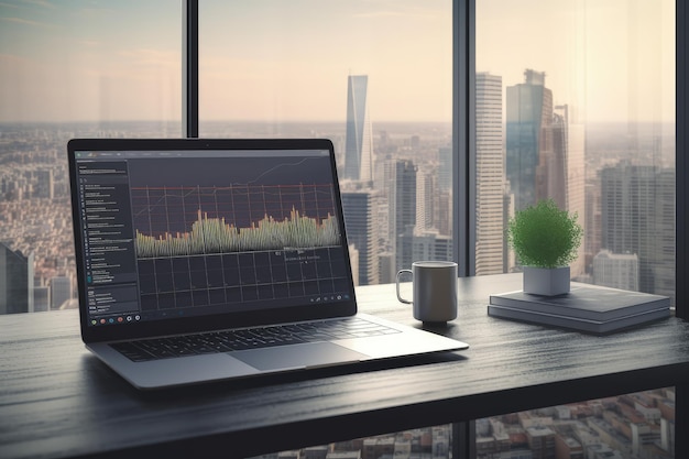 Laptop met financiële markt op het scherm en een kop koffie op de bovenkant van de kantoortafel met raambeeld AI
