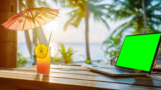 Foto laptop met groen scherm op een tafel aan het strand met een tropische cocktail palmbomen en uitzicht op de oceaan die een ontspannen werkomgeving weergeeft