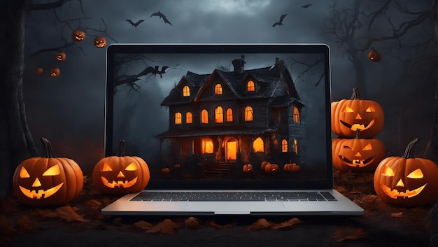 Foto laptop met jacko'lantern-pompoenen en een huis in een eng bos elektronica-reclameposter