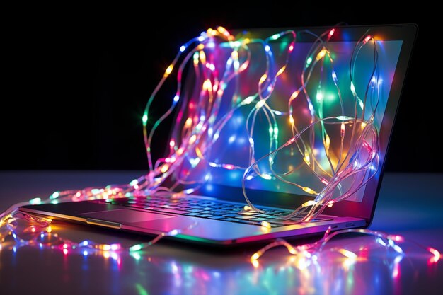 Foto laptop met led-kerstverlichting vakantieconcept op het werk