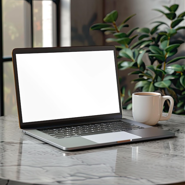 Laptop met leeg scherm en koffietafel