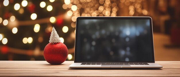 Foto laptop met leeg scherm op de kersttafel met versierde geschenken