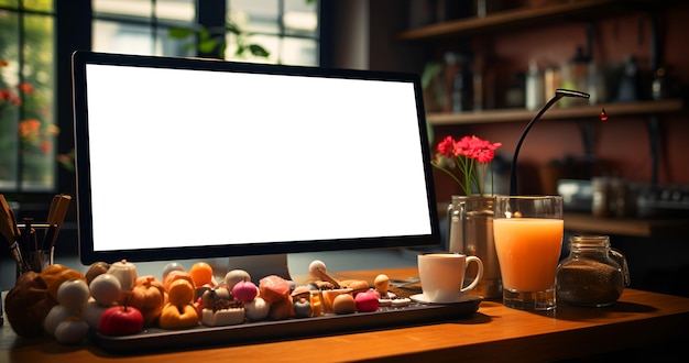 Laptop met leeg scherm op houten tafel in kantoor en café