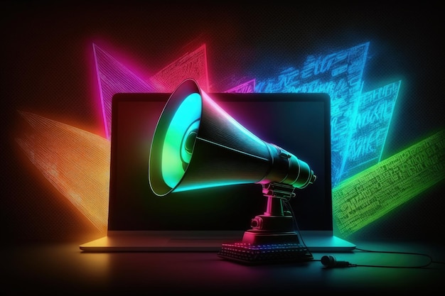 Laptop met megafoon achtergrond met kleurrijke neonlichten verkoop en marketing Generatieve AI