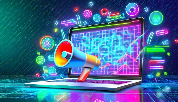 Laptop met megafoon achtergrond met kleurrijke neonlichten verkoop en marketing