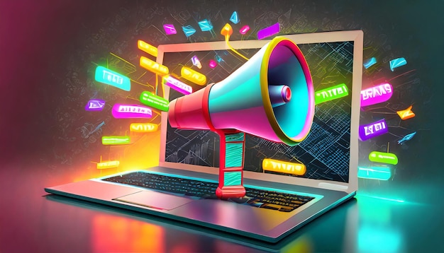 Foto laptop met megafoon achtergrond met kleurrijke neonlichten verkoop en marketing