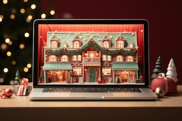 Laptop met online winkelen kerstthema e-commerce concept Generatieve AI