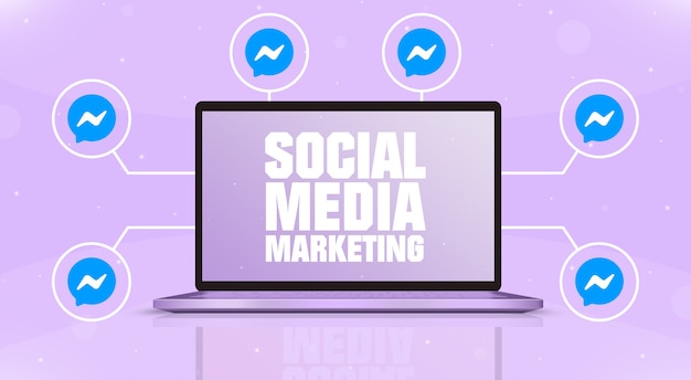 Laptop met social media-marketing op het scherm en messenger-logopictogrammen rond 3d