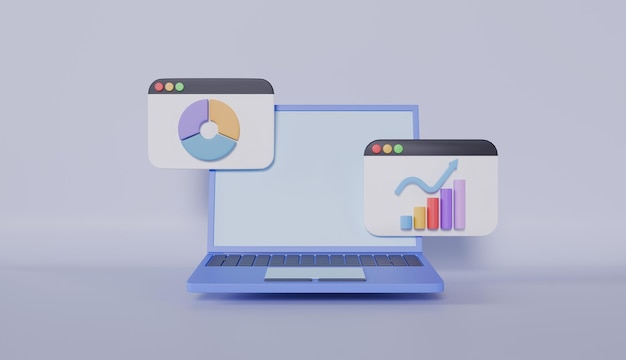 Laptop met statistische grafieken vensters marketingstrategie bedrijfsanalyse marketinggegevensanalyse