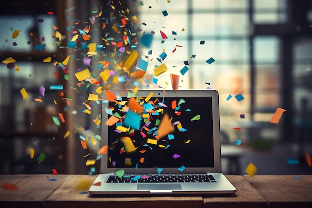 Laptop met vliegende confetti in het kantoor.