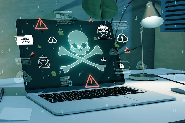 Laptop met waarschuwingen voor piraterij en cyberbedreigingen als symbool voor beveiligingsrisico's en digitale gegevensveiligheid