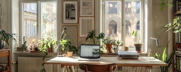 Photo a laptop in a minimalist scandinavianstyle home office with a simple desk and natural light