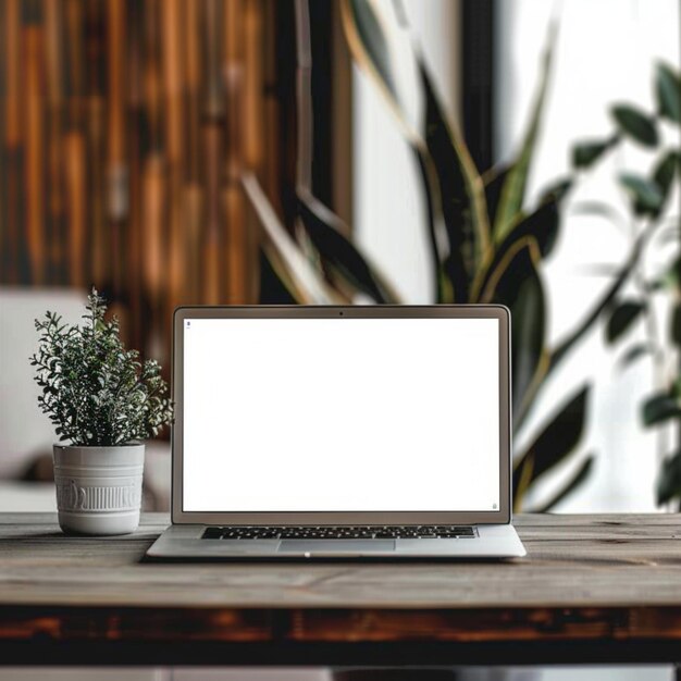 laptop on minimalist study table with blank screen for mock up