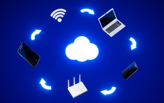 Laptop and mobile cloud computing concept 3d rendering