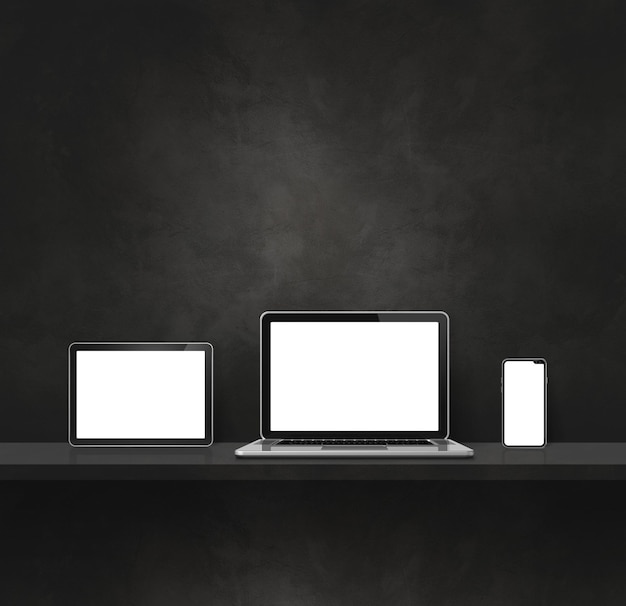 사진 검은 벽 선반 사각형 배경에 노트북 휴대 전화 및 디지털 태블릿 pc