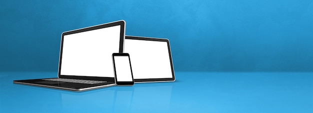 Photo laptop, mobile phone and digital tablet pc on blue office desk.  background. 3d illustration