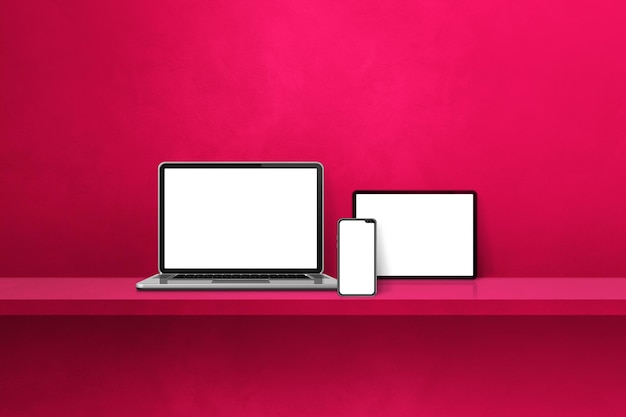 Laptop mobile phone and digital tablet pc on pink wall shelf Horizontal background 3D Illustration