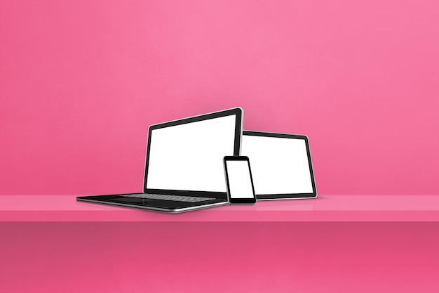 Laptop mobile phone and digital tablet pc on pink wall shelf Horizontal background 3D Illustration