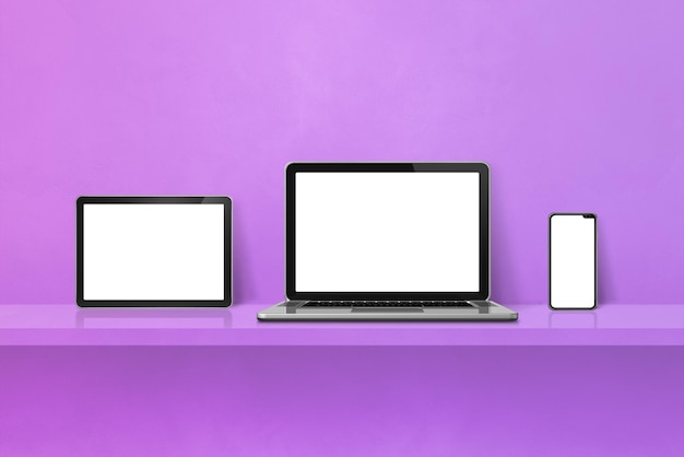 Laptop mobile phone and digital tablet pc on purple wall shelf Horizontal background