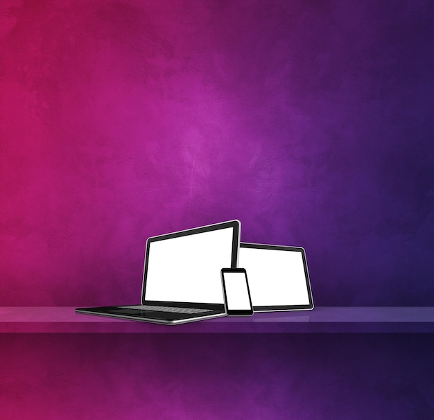 Laptop, mobile phone and digital tablet pc on purple wall shelf. Square background. 3D Illustration