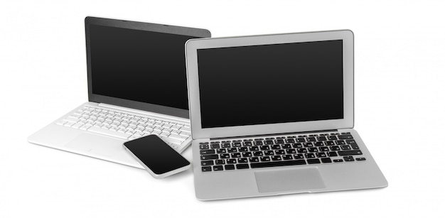 Laptop and mobile phone isolated on white