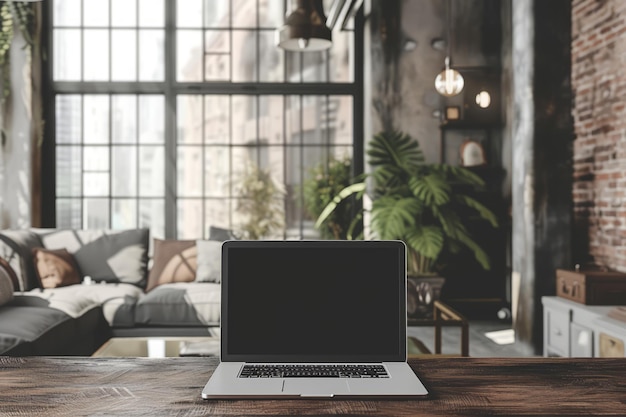 Laptop mock up on wooden table Working space in loft Generative AI