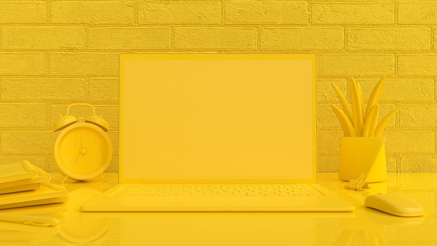 laptop mock-up yellow background on Work desk with mouse notebook clock and tree yellow color. 3d render.