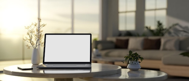 Laptop mockup flower vase and smartphone on table in modern contemporary living room