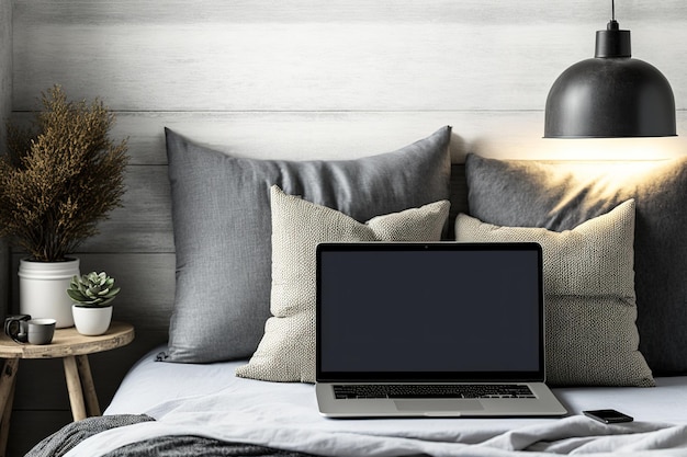 Laptop mockup modern interieur Hygge slaapkamer met grijsgekalkte linnen beddengoed kussens en hanglamp Scandinavische minimalistische woonkamer