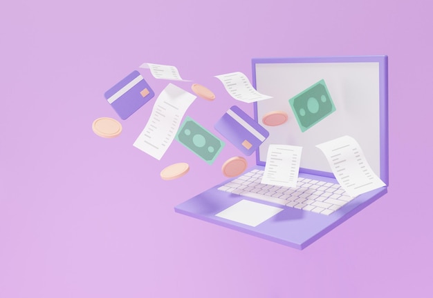 Laptop mockup Money transfer floating on purple background with Online payments concept business finance cost shopping cartoon minimal ecommerce 3d render illustration