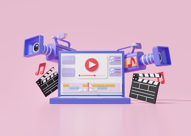 Laptop mockup movie camera video editing and cuts footage sound music via computer cartoon cute smooth on pink background motion vlog movie clapper board 3d render illustration