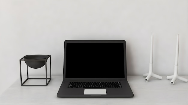 Laptop mockup in white desk and objects