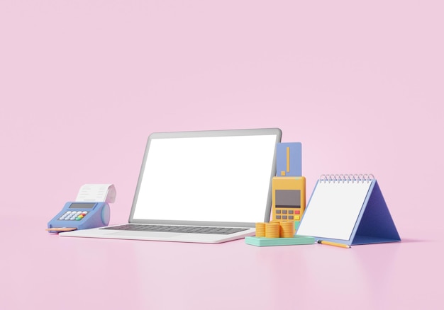 Laptop mockup white screen isometric and POS terminal bill Money transfer calendar check day time for online payments shopping concept on pink pastel background 3d render