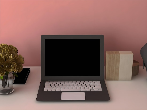 Laptop mockup with blank screen with pink wall