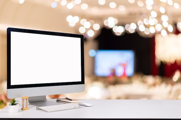 Laptop monitor digital pc desk Mockup Blank screen computer desktop with keyboard in cafe & restaurant or co-working background.