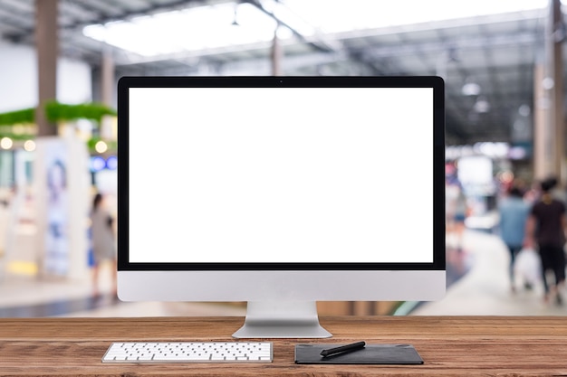 Laptop monitor digital pc desk Mockup Blank screen computer desktop with keyboard