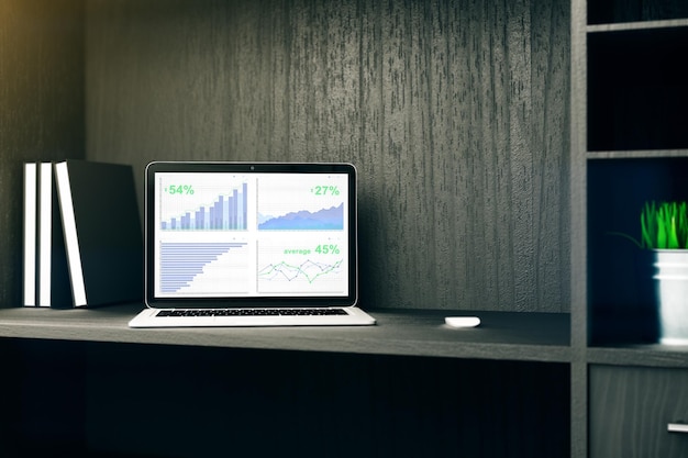 Laptop monitor with business chart on cupboard shelf 3d rendering