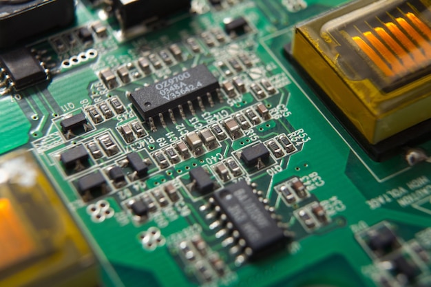 Laptop motherboard close up. Components of microprocessor. Technology, science and electronics concept