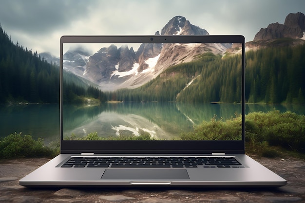 a laptop in the mountains with mountains