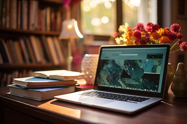 A laptop on a nice wooden desk