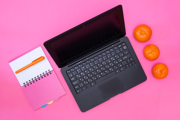 Laptop notebook pen and tangerines on a pink background