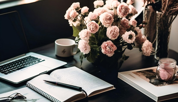 A laptop and a notebook with some flowers