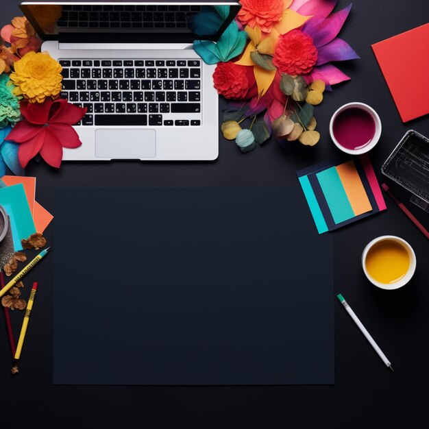 laptop and notepad on black background