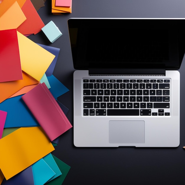 Laptop and notepad on black background