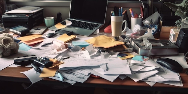 Laptop notes and office stationery in mess on desk