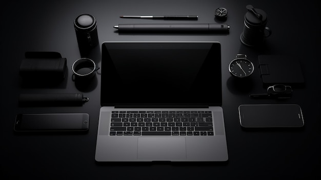 Laptop and office accessories on dark background ai generated
