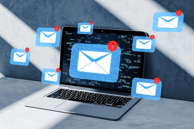laptop on office desk with email icons forex data backdrop and soft lighting 3d rendering