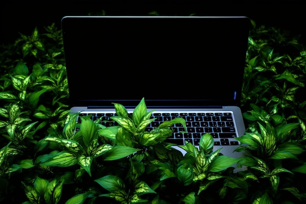 Laptop and office plant on black background top view